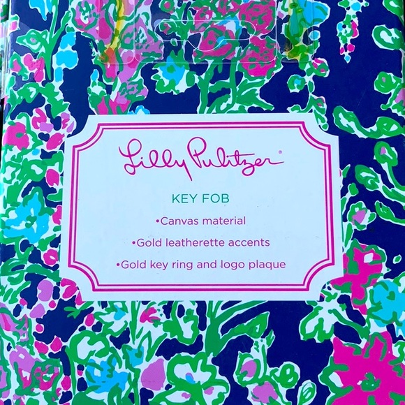 LILLY PULITZER KEY FOB BRASS GOLD LEATHER CANVAS FLORAL NIB - Picture 4 of 4
